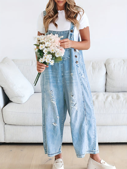 Casual Denim Overalls for Women Featuring a Loose Fit, Adjustable Straps, Distressed Design, And Pockets