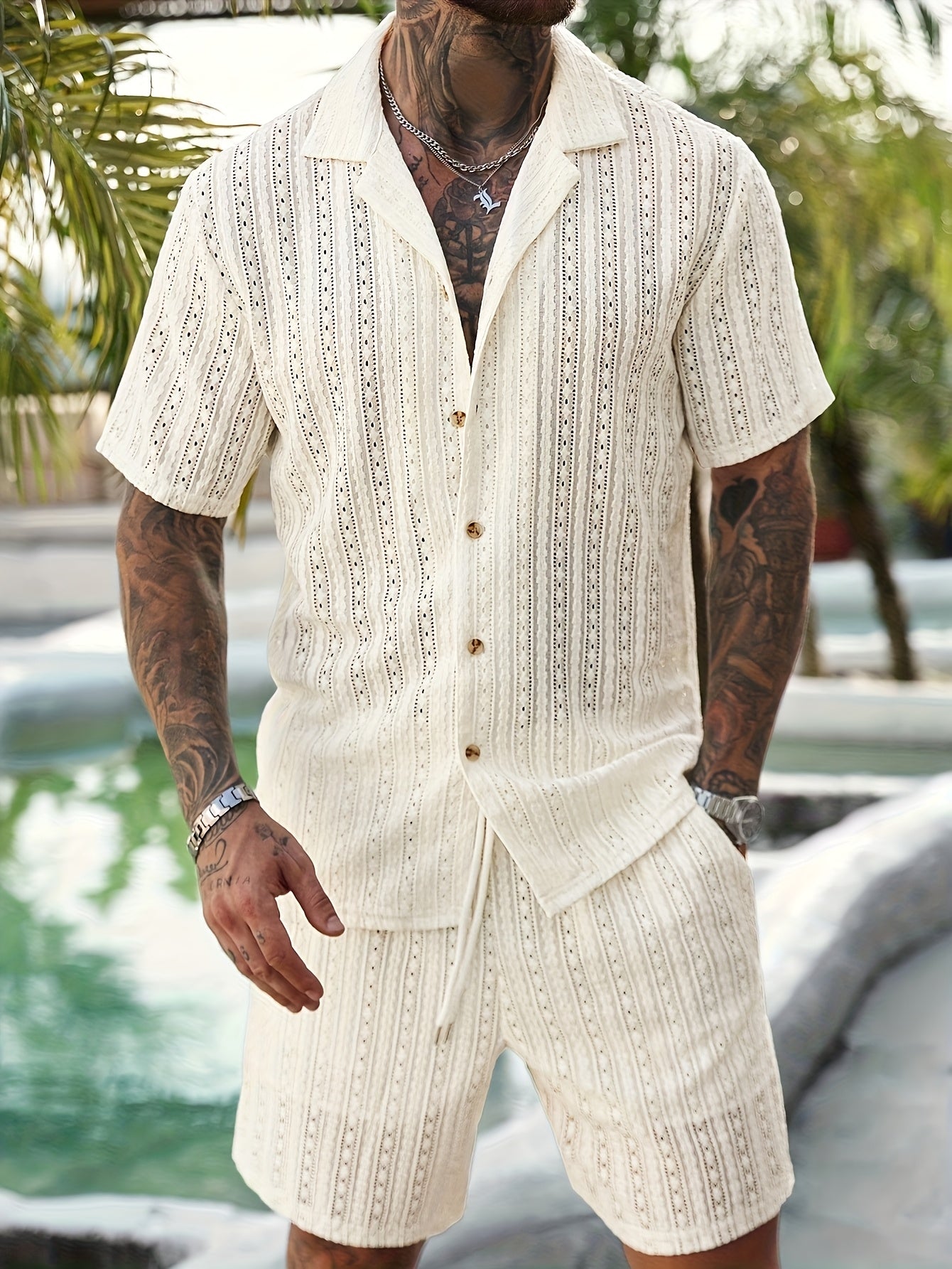 2pcs/Set Men's Solid Color Button- Hollow Shirt And Shorts Set, Vacation Solid Color Husband Casual Wear, Suitable for Vacation, Seaside Beach, Daily Leisure, Summer Wear Men Vacation Outfits Men 2pcs Outfits Summer, Cozy Outfits
