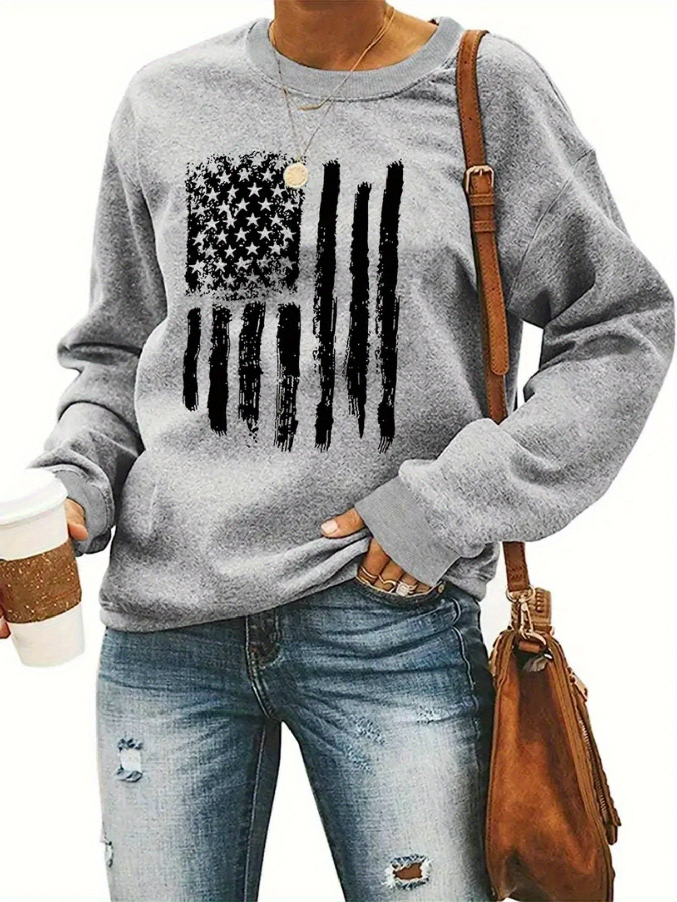 1pc Women'S Casual Crew Neck Sweatshirt American Flag Print, Long Sleeve Pullover For Autumn/ Winter, Grey Sweatshirt