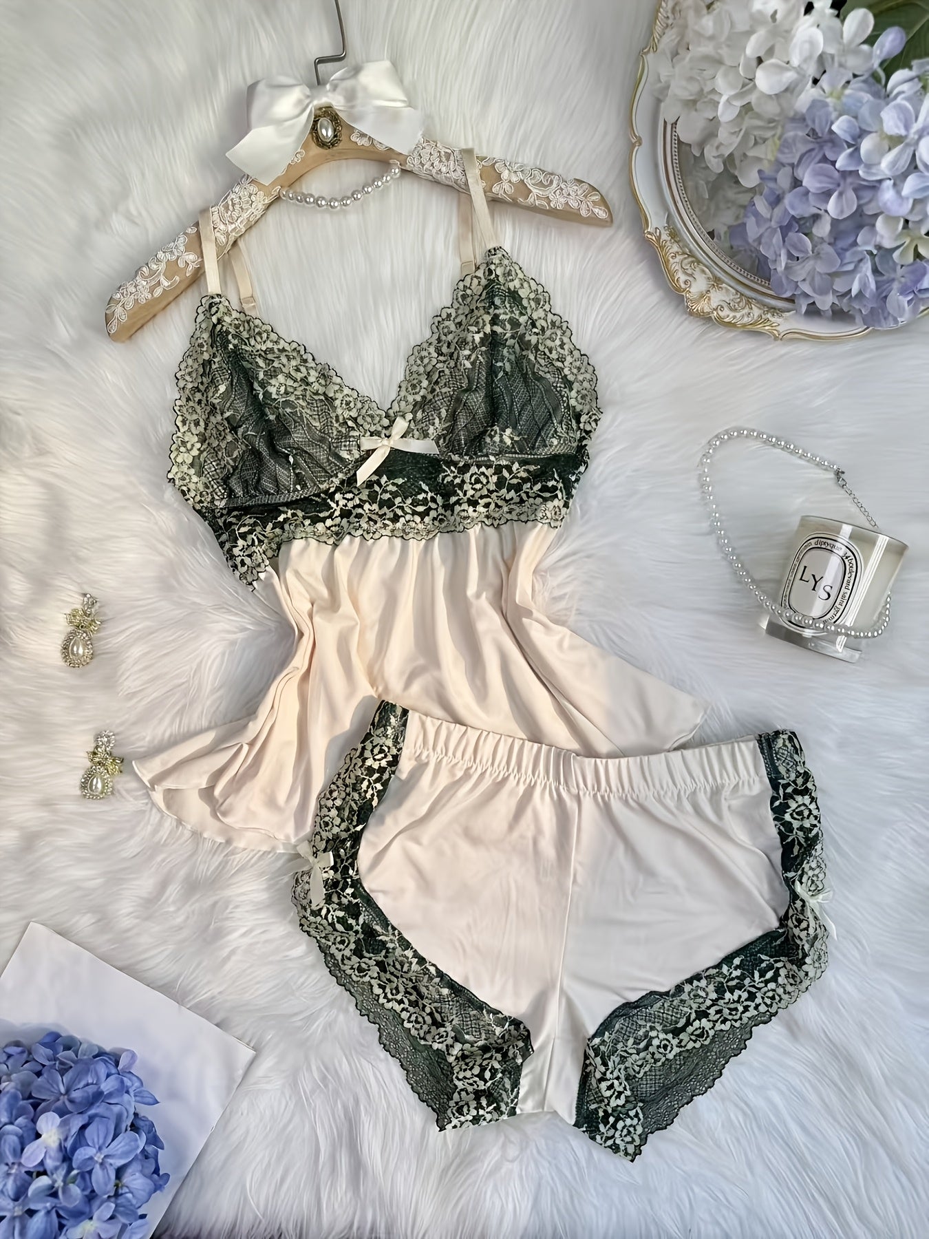 Contrast Color Lace Splicing V-neck Camisole and Double-sided Bow Splicing Casual Shorts | Skin-friendly, Comfortable, Stretchy Fabric, Sexy Style, Suitable for All Seasons