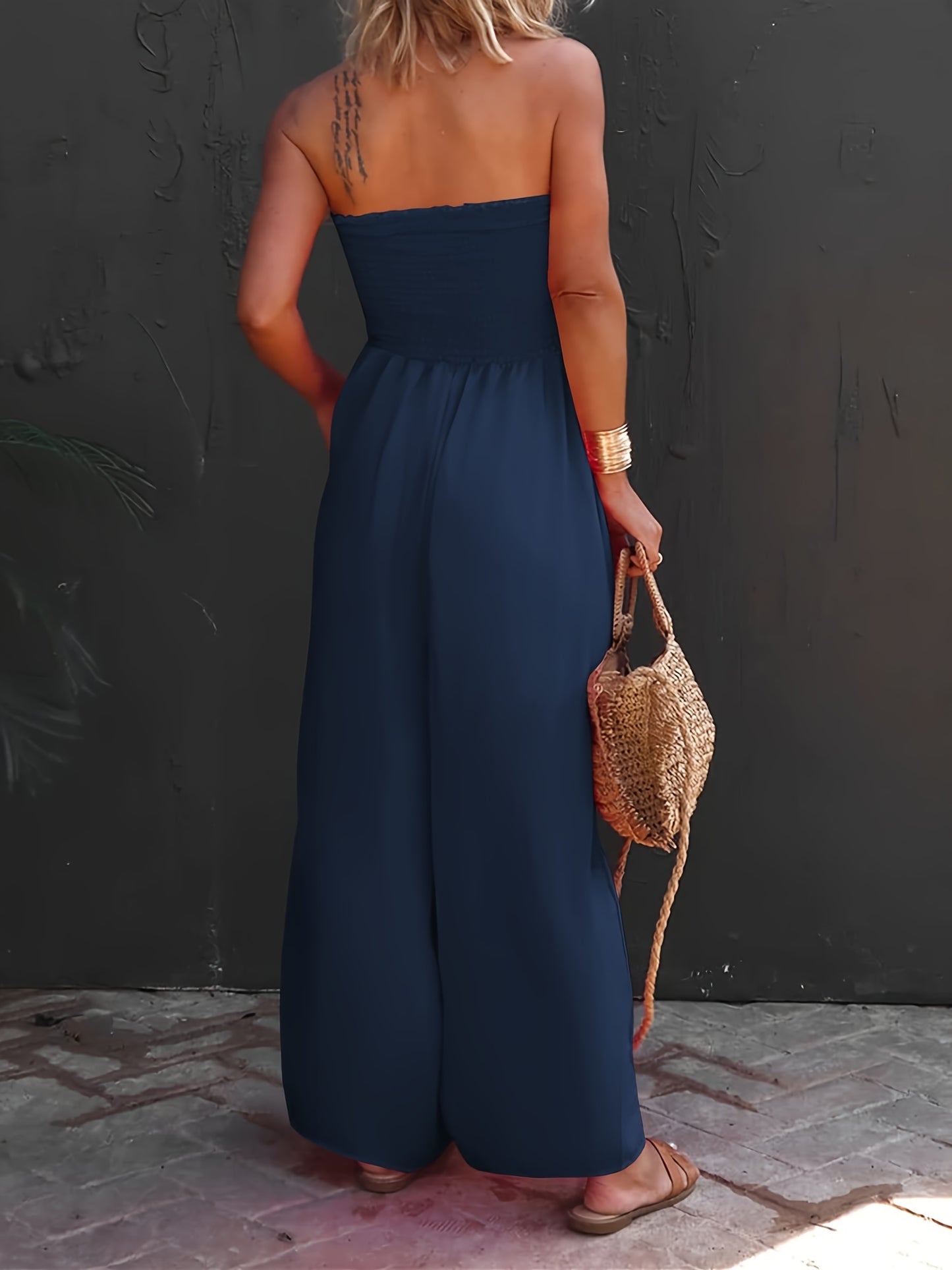 Womens Sleeveless Strapless Wide Leg Jumpsuits Summer Casual Loose Smocked Chiffon Jumpsuit Rompers with Pockets