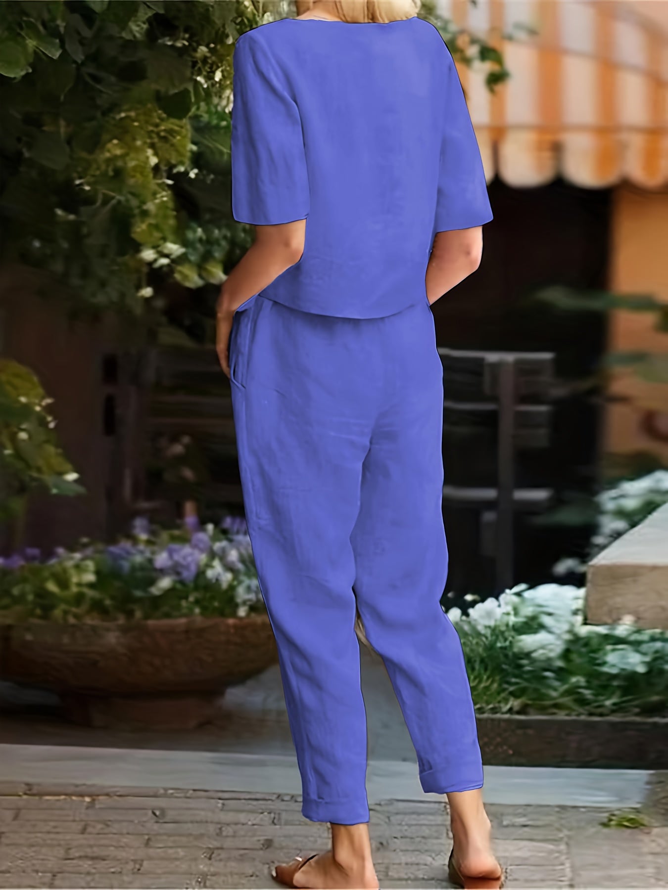 TOOLUCK Casual Solid Two-piece Set, Short Sleeve Simple Top & Tie Waist Pants Outfits, Women's Clothing