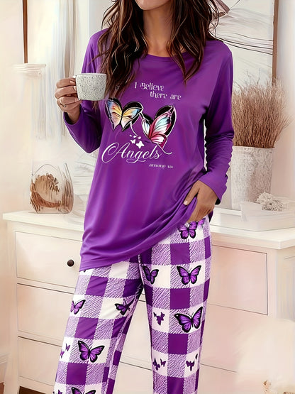 Ladies' Purple Butterfly Casual Pajama Set with Long Sleeves And Loose Plaid Pants for Homewear