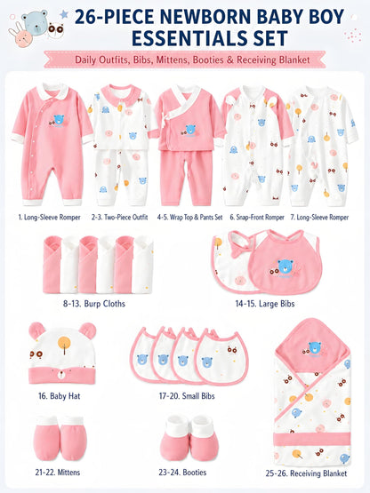 Baby Boy Clothes + Baby Items, Newborn Daily Necessities Complete Set, 0-3 Months, Total 26pcs, 5 Sets Of Clothes + Hat + Bib + Hand And Foot Covers + Bibs, Baby Full Moon Spring Long Sleeve Set, Baby Romper, Local Warehouse, Baby Shower Gifts