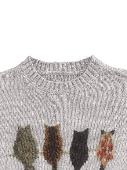 [Cozy Cat Sweater] Cozy Cable Sweater with Playful Cat Print | Women'S Beige & Brown, Loose Fit, Long Sleeve, Round Neck, Casual Spring And Autumn Top Ropa De Mujer Promotion Local Warehouse Discount