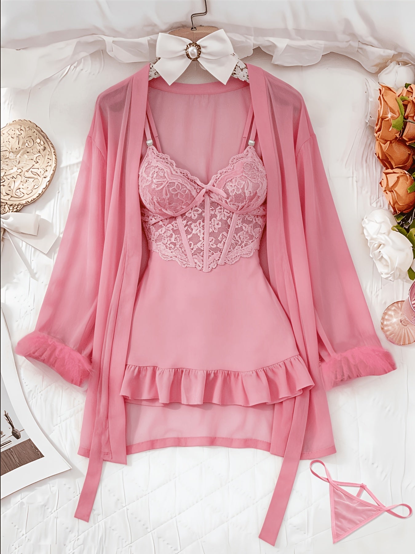 [3pcs Sheer Lace Set] Women's Lingerie 3pcs Sheer Lace Babydoll Set With Robe And Panty See Through Trim Mesh Sleepwear Sexy Nightwear