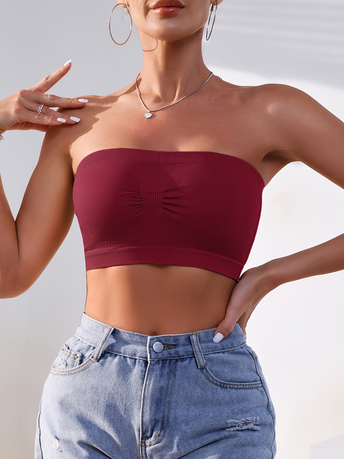 5-Pack Women'S Strapless Push Up Bandeau Bra - Seamless Wireless Stretchy No-Show Solid Color, Cropped Breathable Comfort Bra for Daily Layering & Casual Wear