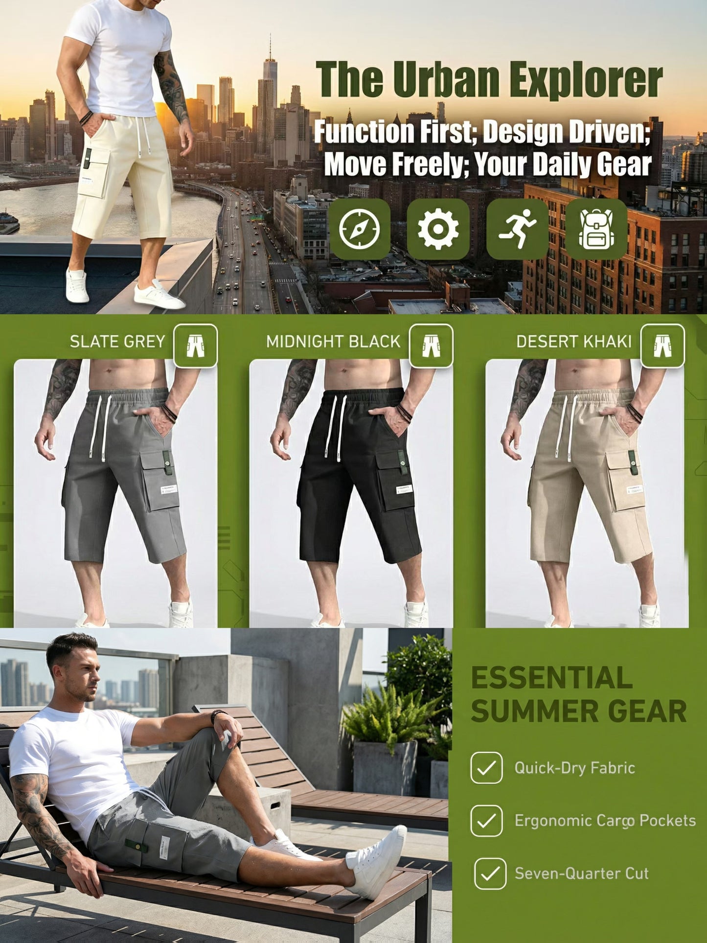 4pcs Men's Cargo Shorts with Ripstop Fabric & Multi-Pocket Design - Adjustable Waist, 7/8 Length Shorts Suitable for Outdoor Travel,, Sports, Casual Wear | Wristband Included | Machine Washable | Available in Black, Gray, Khaki, Army Green