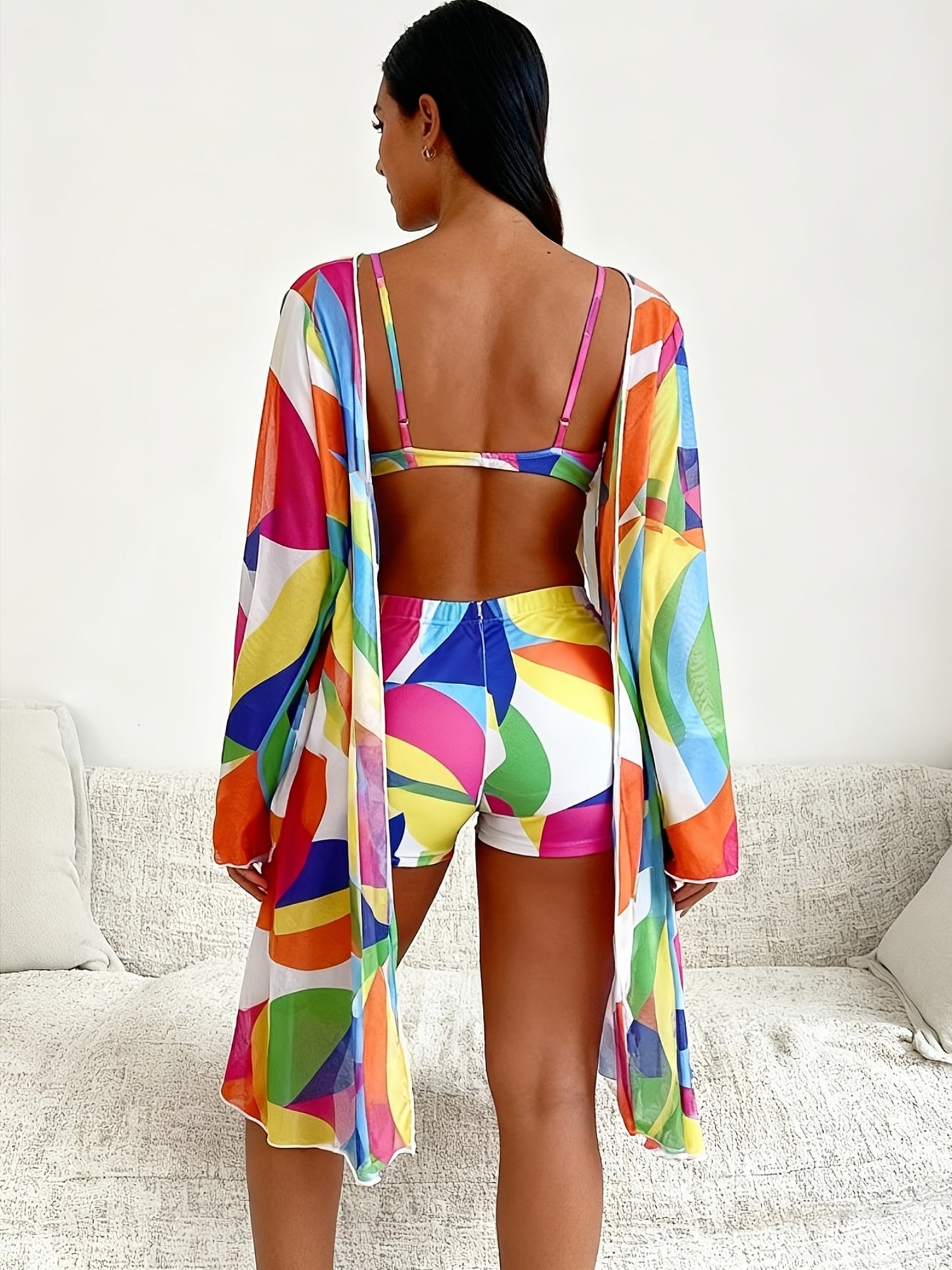 Women'S Red Geometric Color-Blocking Two-Piece Bikini Swimsuit Set, Bikini Top with Front Tie + High-Waisted Shorts + Long-Sleeved Sun-Protective Cover-Up, Beach And Seaside Swimming Fashion Sun-Protective Swimsuit Set