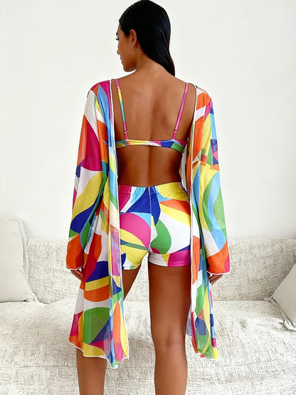 Women'S Red Geometric Color-Blocking Two-Piece Bikini Swimsuit Set, Bikini Top with Front Tie + High-Waisted Shorts + Long-Sleeved Sun-Protective Cover-Up, Beach And Seaside Swimming Fashion Sun-Protective Swimsuit Set