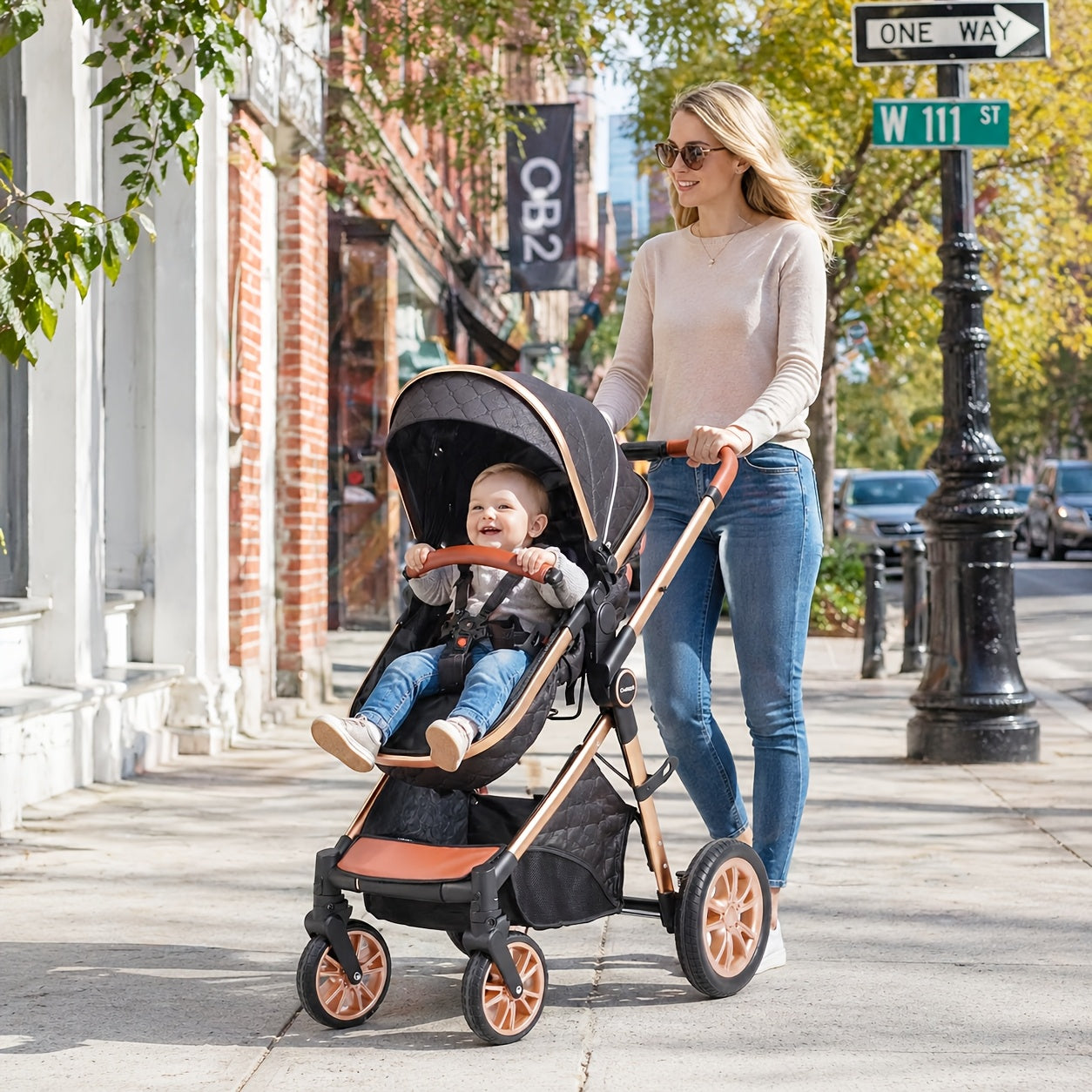 Cochildor Foldable Baby Stroller, Shock Absorption & All-Terrain Tires, Reversible Forward-Facing Push Adjustable Handlebar Large Sun Canopy Storage Basket, Lightweight Durable Polyester Frame, for Travel Shopping Park, Grey/Blue/Black