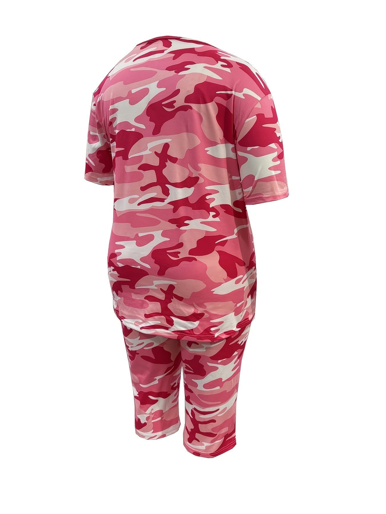 Plus Size - Plus Size - Women'S Plus Size Fashion: Camouflage Print T-Shirt with Round Neck And Cropped Pants Set, Casual Two-Piece Outfit