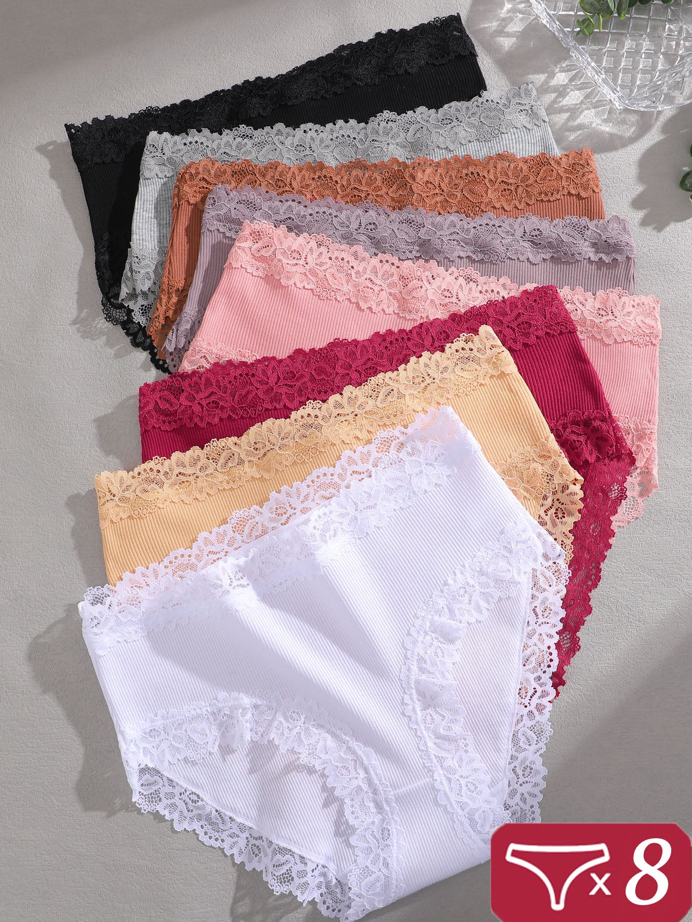 8 Pack Women's Underwear - High Waisted Briefs with Lace Trim, Soft Ribbed Triangle Panties, Non-Sheer Full Coverage Suitable for Casual Attire, Hand Washable Solid Color High-Rise Underpants