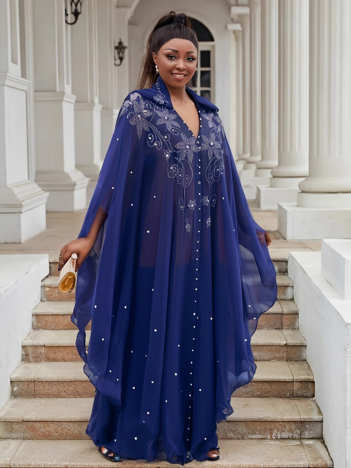 Chic Rhinestone Wrap for Women Featuring Trumpet Sleeves - A Loose-Fitting Long Cape Inspired by Middle Eastern Styles, Adorned with Semi-Sheer Pearls And Crystals, with a Split Hem Perfect for Summer Weddings And Formal Occasions