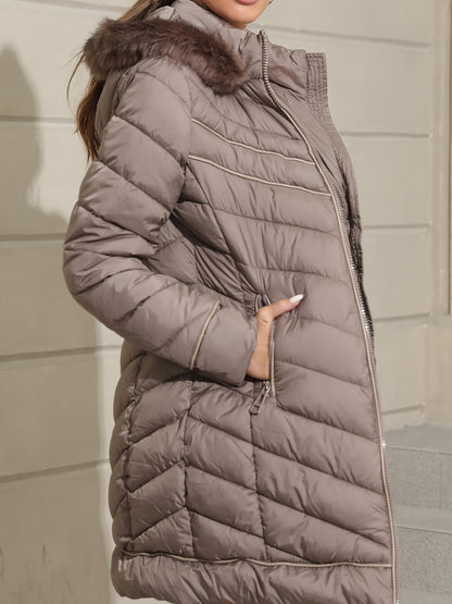 Zip-up Faux Trim Hoodie Puffy Coat, Casual Thermal Long Sleeve Coat for Fall & Winter, Women's Clothing
