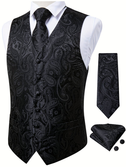 Men'S Classic Formal Suit Vest And Necktie Set - Elegant Red Paisley Design, Made from Non-Stretch Fabric, Featuring a Button Front Closure, Suitable for All Seasons Including Weddings, Business Events, And Parties - Formal Wear for Men, Plus Size