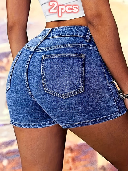 2pcs Women's Stretch Denim Shorts with Cargo Pockets & Built-In Zipper - Mid-Stretch Machine-Washable Durable Washed Denim Shorts Suitable for Fitness, Casual Wear, Spring/Summer Shorts, Cargo Shorts for Outdoor Activities, Gym Shorts