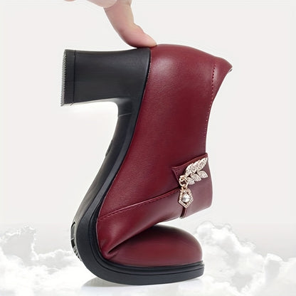 Women'S Elegant Glossy Faux Cover Chunky Heel Ankle Boots with Golden-Tone Buckle And Zipper Closure - Round Toe Synthetic Cover Dress Shoes, All-Season Versatile Casual to Formal Wear, High Heel Boots, Women Shoes