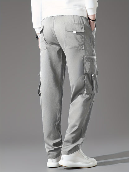 3pcs Men'S Casual Solid Color Cargo Pants, Polyester Non-Stretch Woven Fabric, Multiple Pockets, Regular Fit, Spring/Fall Season, Hiking & Outdoor Scene, Weekend Casual Occasion, Thick