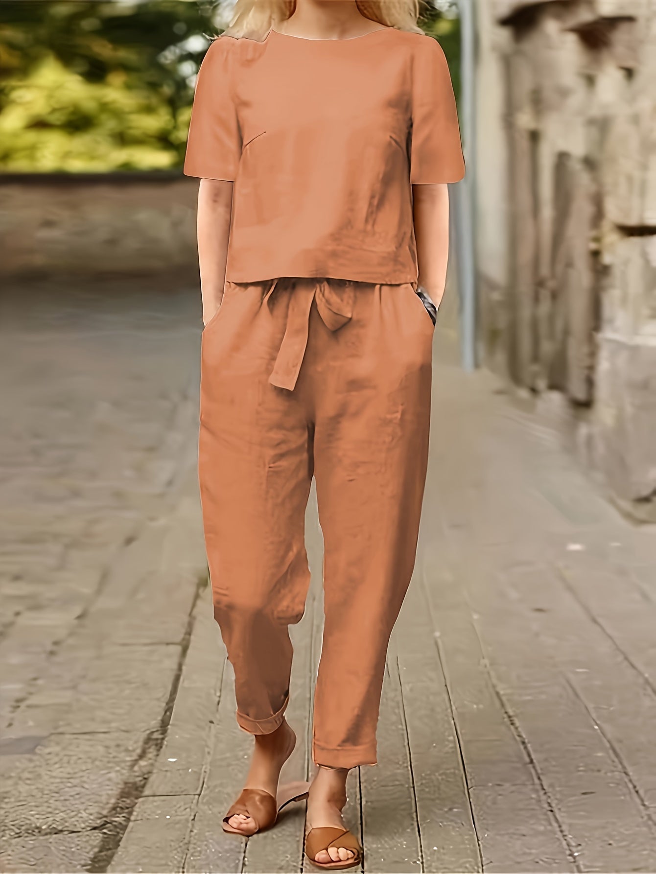 Women'S Casual Pants Suits, 2pcs Short Sleeve Top And Lace-Up Cuffed Ninth Pants, Loose Style for Daily Wear