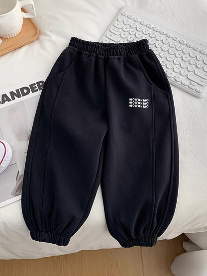 Wwowoniao Boys' Relaxed Fit Jogger Pants Made from a Featuring an Alphabet Design, Slightly Stretchy Knit Material, Equipped with Pockets, Suitable for Spring And Fall, Composed of 58% And 42% Polyester, Ideal for Outdoor Activities