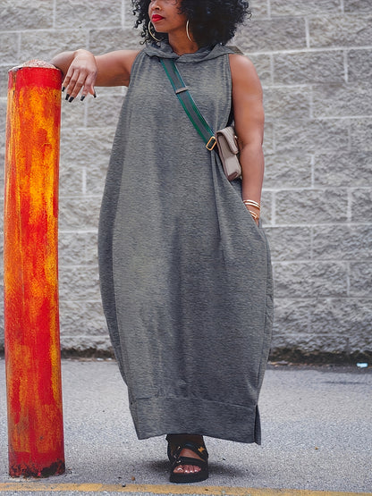 Plus Size, Elegant Side Slits, Hooded Design, Side Pockets, Plus Size Vest with Hooded Long Skirt, Solid Color Basic Simple Vest Long Skirt, Comfortable And Stretchy