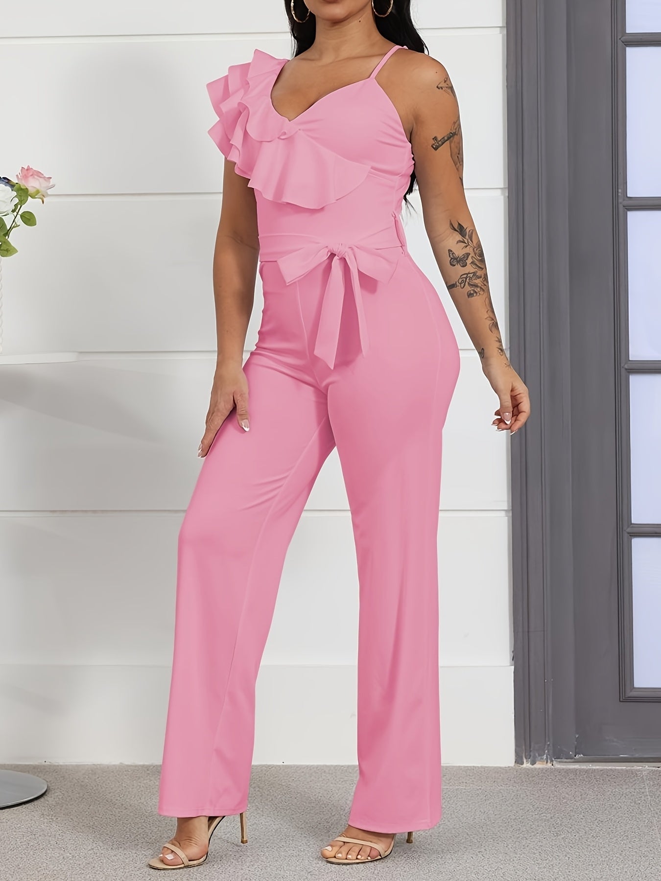 Womens Casual 1pc Jumpsuits V-Neck Sleeveless Ruffle Elegant Romper Wide Leg Pant Sexy Party Clubwear Overalls