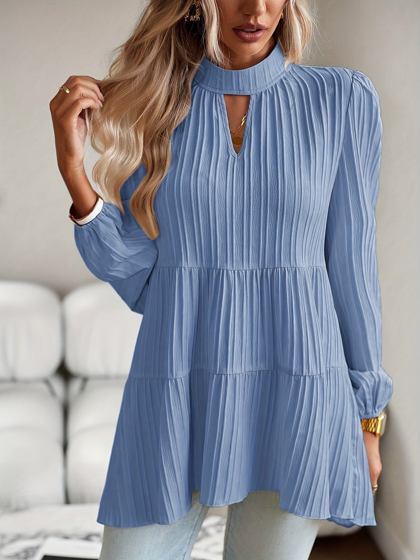 ZAFUL Women's Elegant Ribbed Shirt - Loose Fit Long Sleeve Oversized Blouse, Solid Color Round Neck Tunic Top, Machine Washable Loose Layers for Spring/Autumn & Year-Round Wear (Non-)