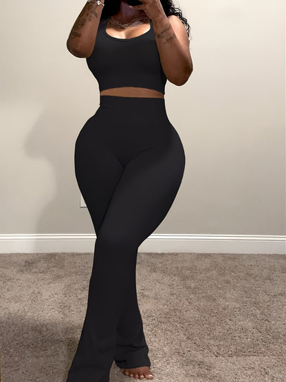 Casual 2pcs Outfits for Women Short Tank Top Crop High Waist Flare Pants Sets