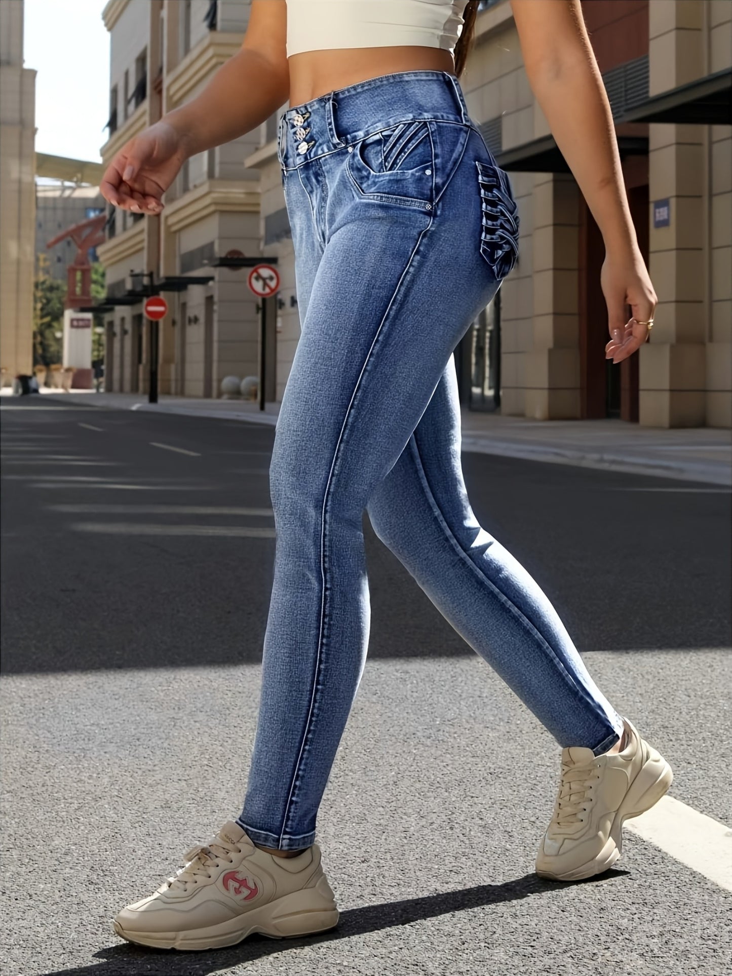 Fashion Wash Blue Front Row Button Pocket Folding Decoration High Waist Stretch Slim Hip Lifting Women Casual Tight Jeans