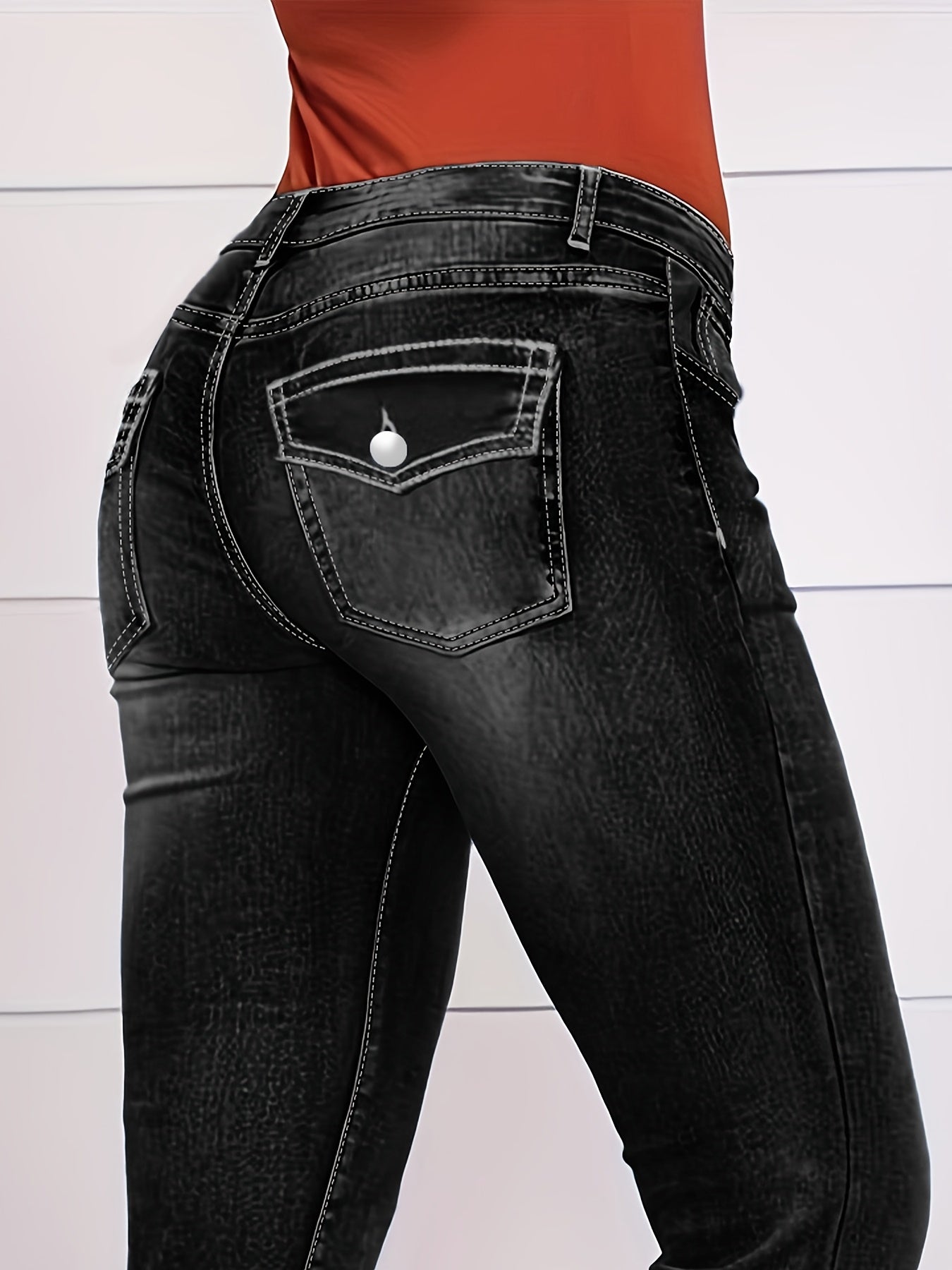 Women's Plus Size High-Waisted Stretch Denim Pants - Beltless Button-Fly Waist & Flared Hem, Elastic Solid Blue Trousers Suitable for Casual Travel,, Casual Attire, Machine Washable Mature Style All-Year (No Required)