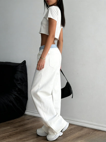 2026 Spring And Summer Fragrance New Contrasting Color Letter Webbing Decoration Straight Splicing Casual Pants Temperament Straight Jeans Commuter Trousers High Waist Jeans