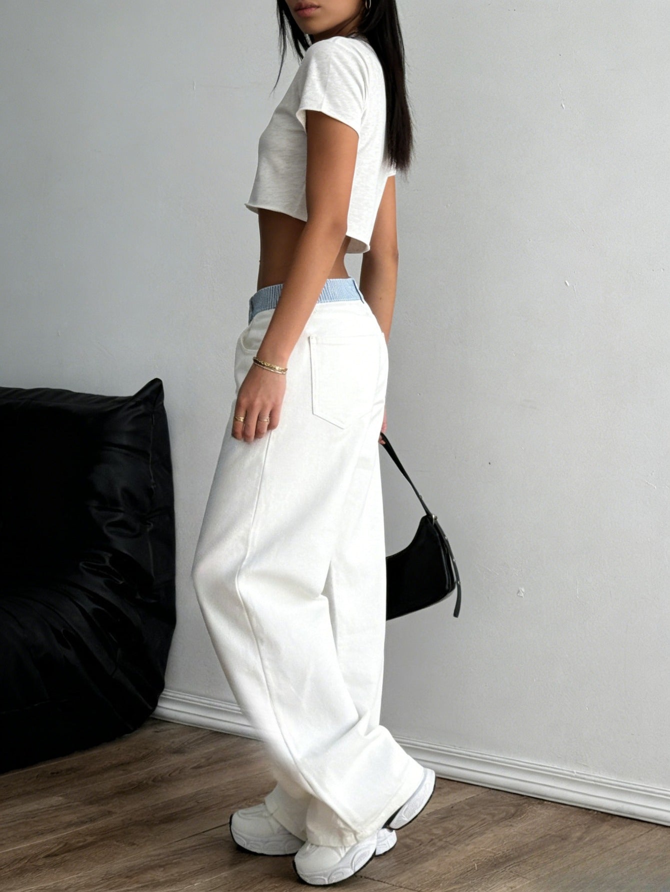 2026 Spring And Summer Fragrance New Contrasting Color Letter Webbing Decoration Straight Splicing Casual Pants Temperament Straight Jeans Commuter Trousers High Waist Jeans