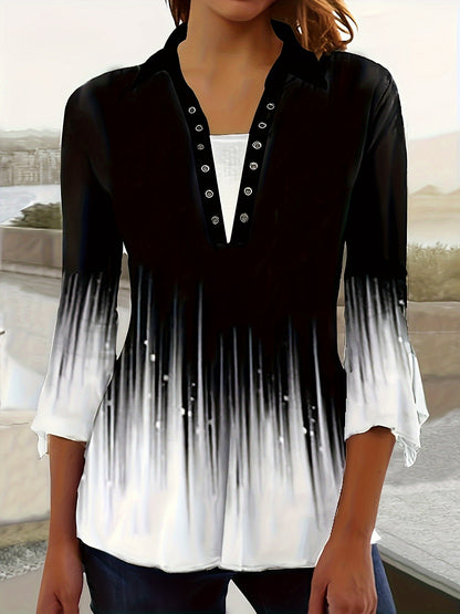 Spring And Autumn New Printed Lapel Three Quarter Sleeve T-Shirt Irregular Sleeve Button Top