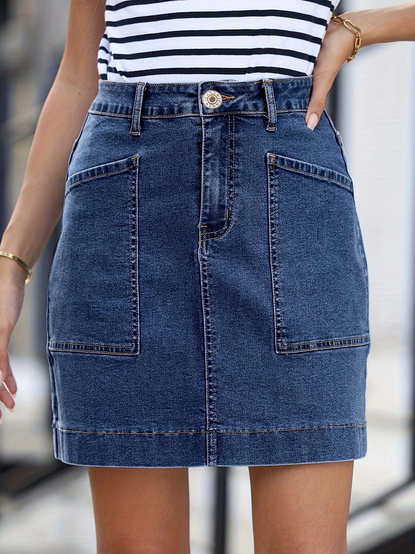 Women'S High-Waist Stretch Denim Mini Skirt - Versatile, Mid-Length Skirt with Large Pockets, Casual Elegant Style, Perfect for Summer, Jeans Skir