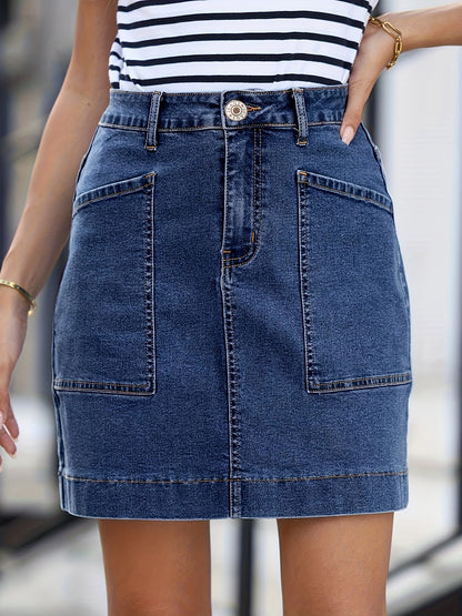 Women'S High-Waist Stretch Denim Mini Skirt - Versatile, Mid-Length Skirt with Large Pockets, Casual Elegant Style, Perfect for Summer, Jeans Skir