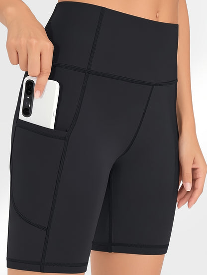 5pcs Women's Elasticated Yoga Shorts with Pockets, High-waisted for Abdominal Support, Suitable for Exercise, Running And Cycling, Sweat-absorbing Elasticated Cycling Pants, Training And Running 5pcs Yoga Shorts