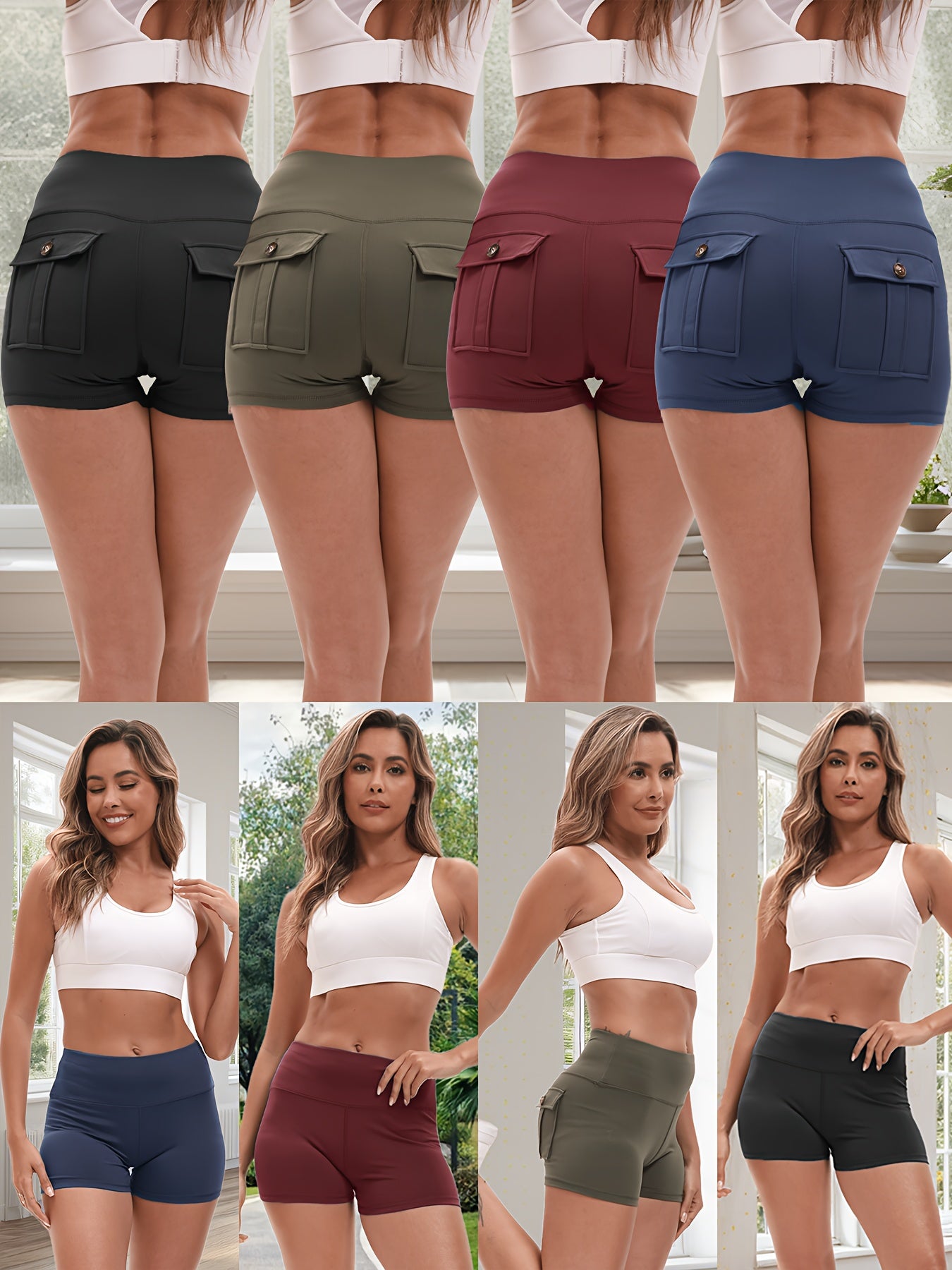2026 High Stretch Elastic Waist Cargo Shorts Women's Shaping Hip Lifting Quick-Drying Fitness Pants with 2 Pockets 4pcs 2pcs Solid Color Yoga Short Pants Set Game Day Fan Gear for Soccer All Fans