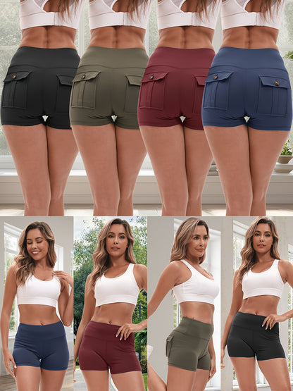 2026 High Stretch Elastic Waist Cargo Shorts Women's Shaping Hip Lifting Quick-Drying Fitness Pants with 2 Pockets 4pcs 2pcs Solid Color Yoga Short Pants Set Game Day Fan Gear for Soccer All Fans