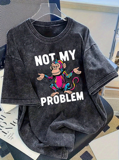 Women's Trendy Printed Washed T-shirt - 230g Thick, Retro Street Style, Round Neck, Short Sleeves, Machine Washable, Perfect for Casual Spring and Summer Wear, Unique Loose Fit Women's T-shirt.
