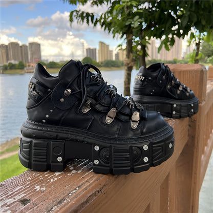 Casual Shoes with a Thick Sole And Black Metal Accents, Featuring a Unisex Retro Punk Design And Lace-Up Style