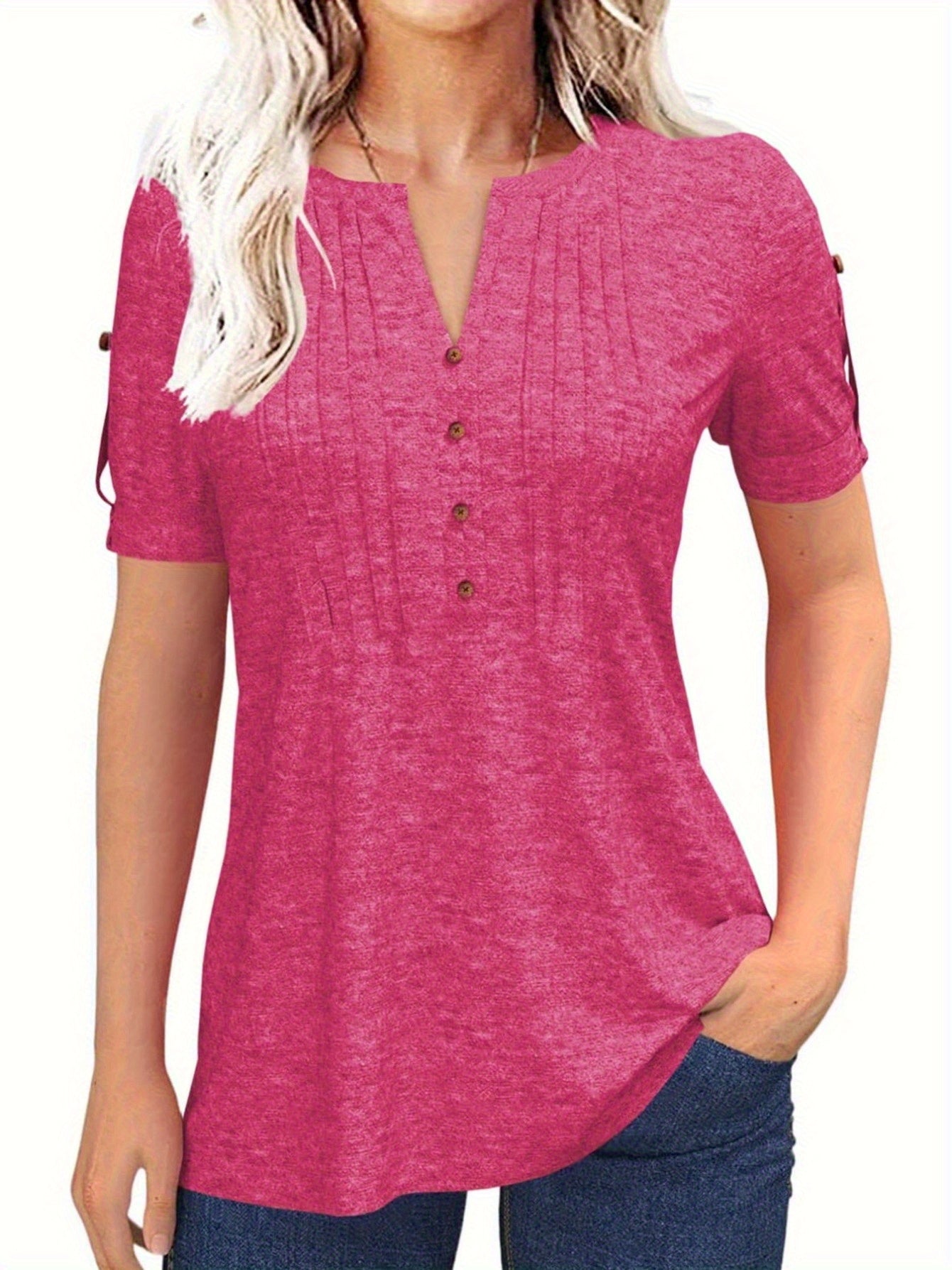 Casual Short-Sleeve Blouse for Women with a Solid Color, Featuring a Pleated Design, Buttoned V-Neck, And a Zipper