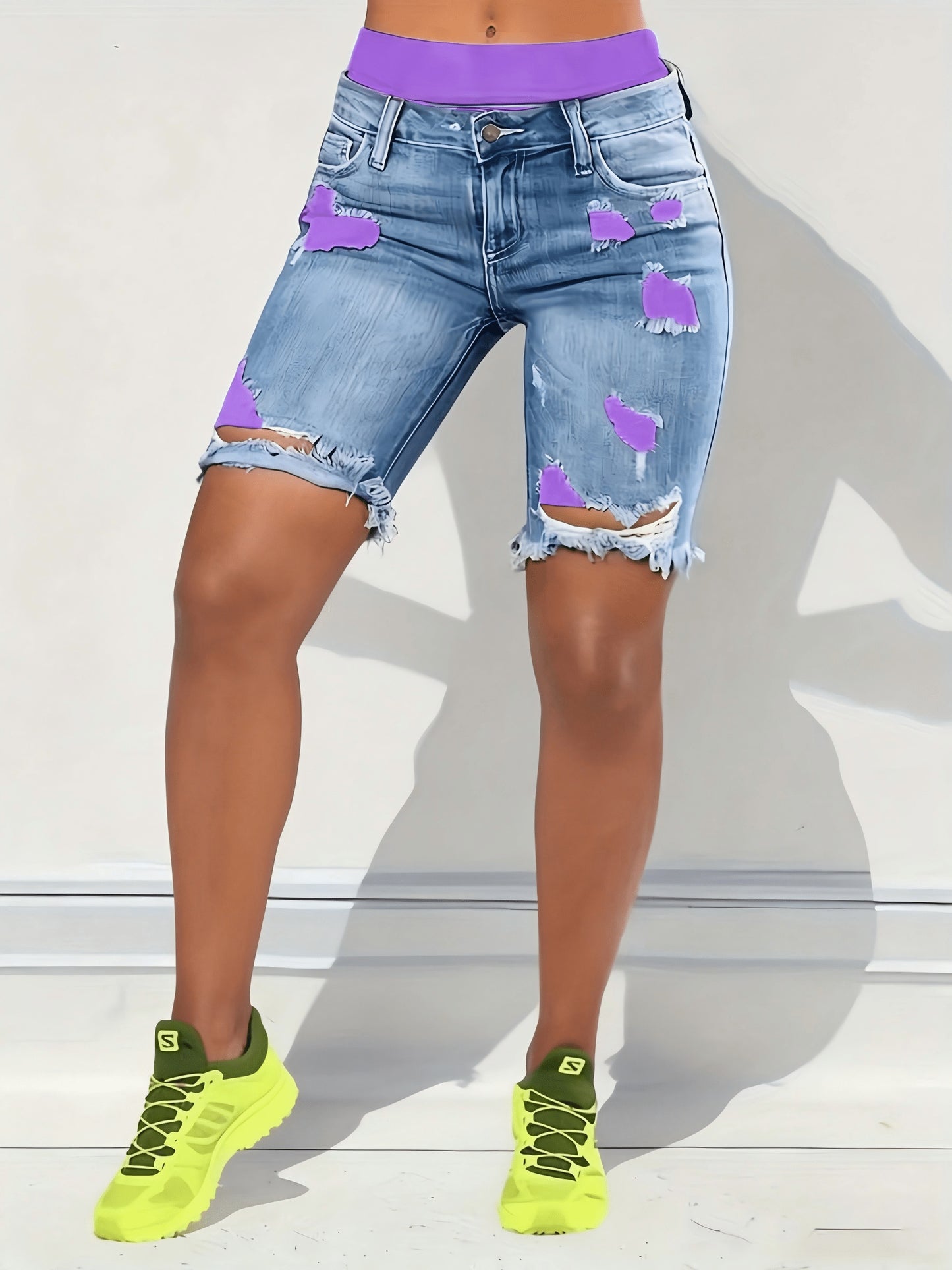 Denim Shorts: Color Block Printed Distressed Shorts/w Fitness Running Shorts