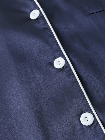 Solid Satin Pajama Set, Casual Short Sleeve Buttons Lapel Top & Shorts, Women'S Sleepwear