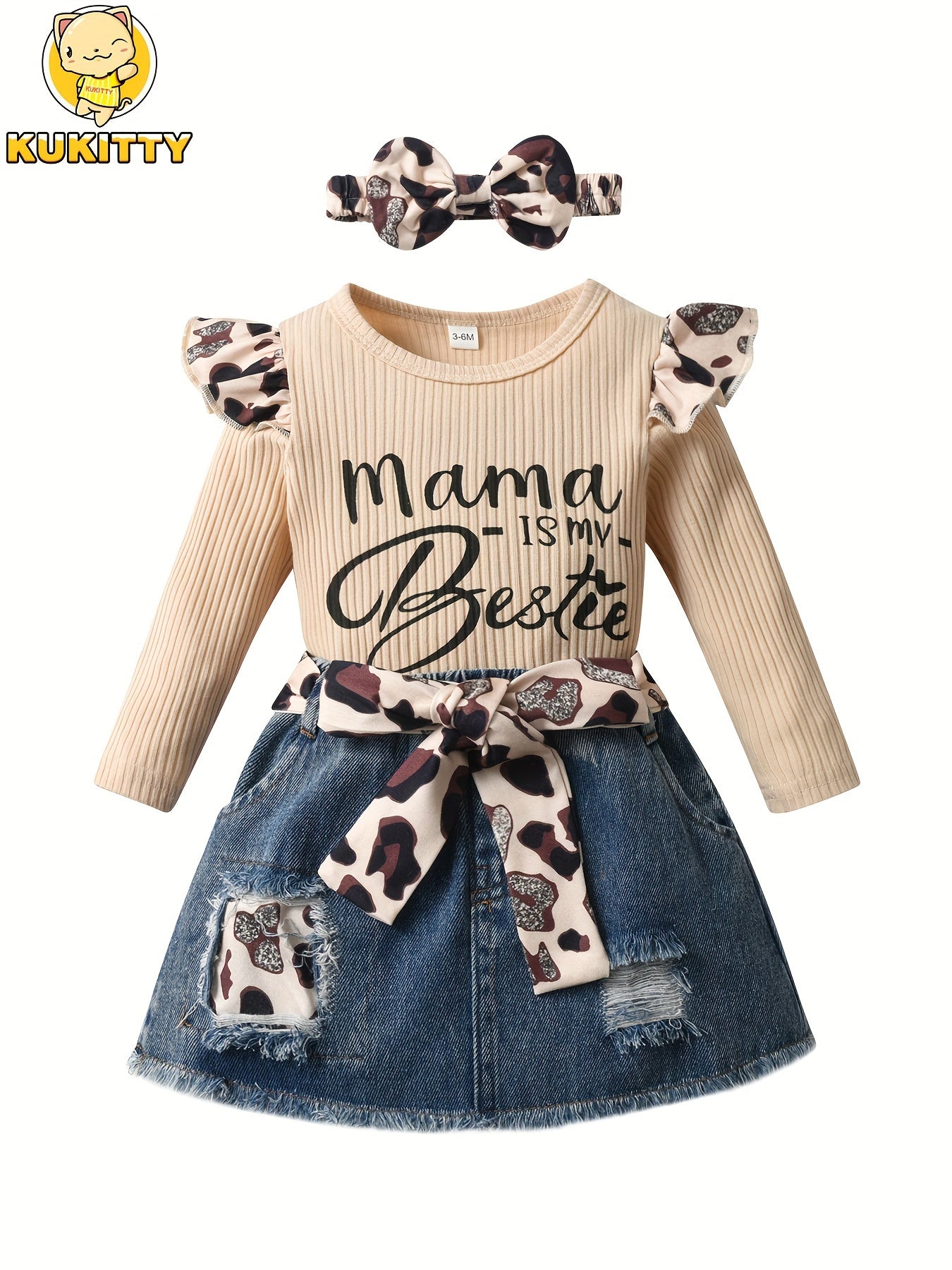 Kukitty 4pcs Set for Baby Girls Featuring Long Sleeve Bodysuit with Letter Design And Ripped Leopard Print Denim Skirt, for Outdoor