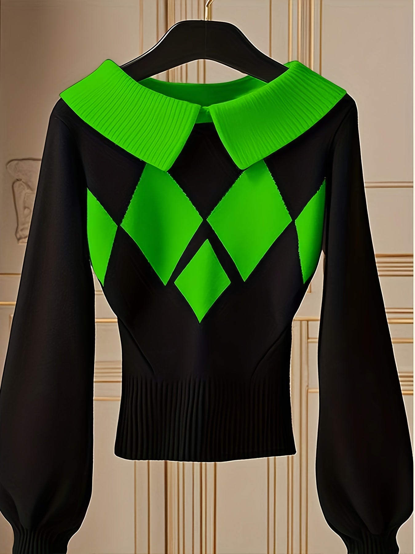 Women'S Elegant Sweater Lapel Diamond Plaid Knitwear Black And White Color Collision Long Sleeve Pullover Fashion Chic Lazy Wind Tops For Office, Party, Daily Wear - Fall And Winter Women'S Trend Tops