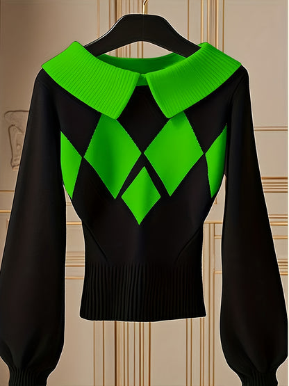 Women'S Elegant Sweater Lapel Diamond Plaid Knitwear Black And White Color Collision Long Sleeve Pullover Fashion Chic Lazy Wind Tops For Office, Party, Daily Wear - Fall And Winter Women'S Trend Tops