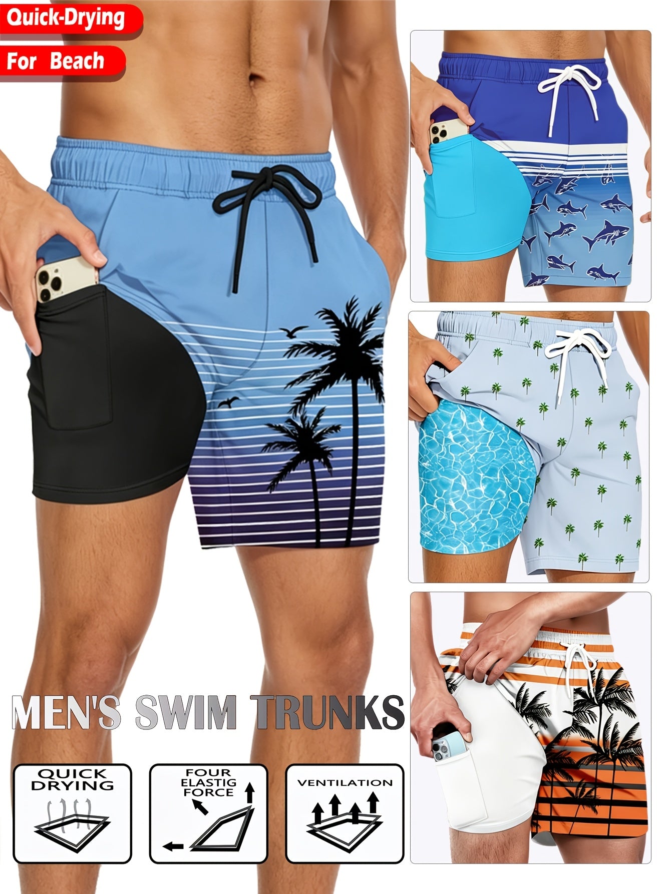 Keevoom Men'S Swim Trunks Quick-Dry 2-in-1 Built-in Liner With Belt Loop Pocketed Compression Liner Shorts Lightweight Surf Shorts Ideal For Swimming, Beach Vacations, Gym Use