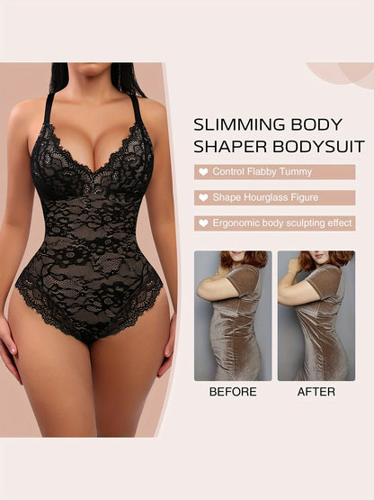 Sleeveless V-Neck Lace Bodysuit for Women, Tummy Control Shapewear Jumpsuit