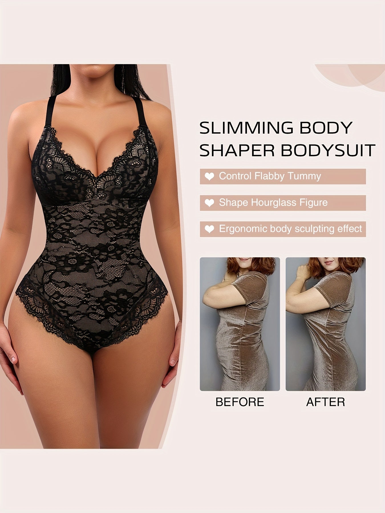 Sleeveless V-Neck Lace Bodysuit for Women, Tummy Control Shapewear Jumpsuit